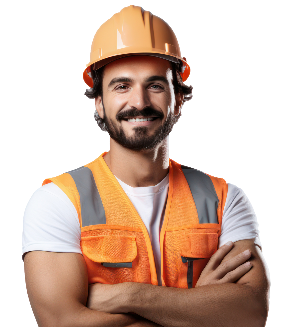 Ouvrier du bâtiment, les bras croisés, portant un gilet orange et un casque de chantier, souriant.
