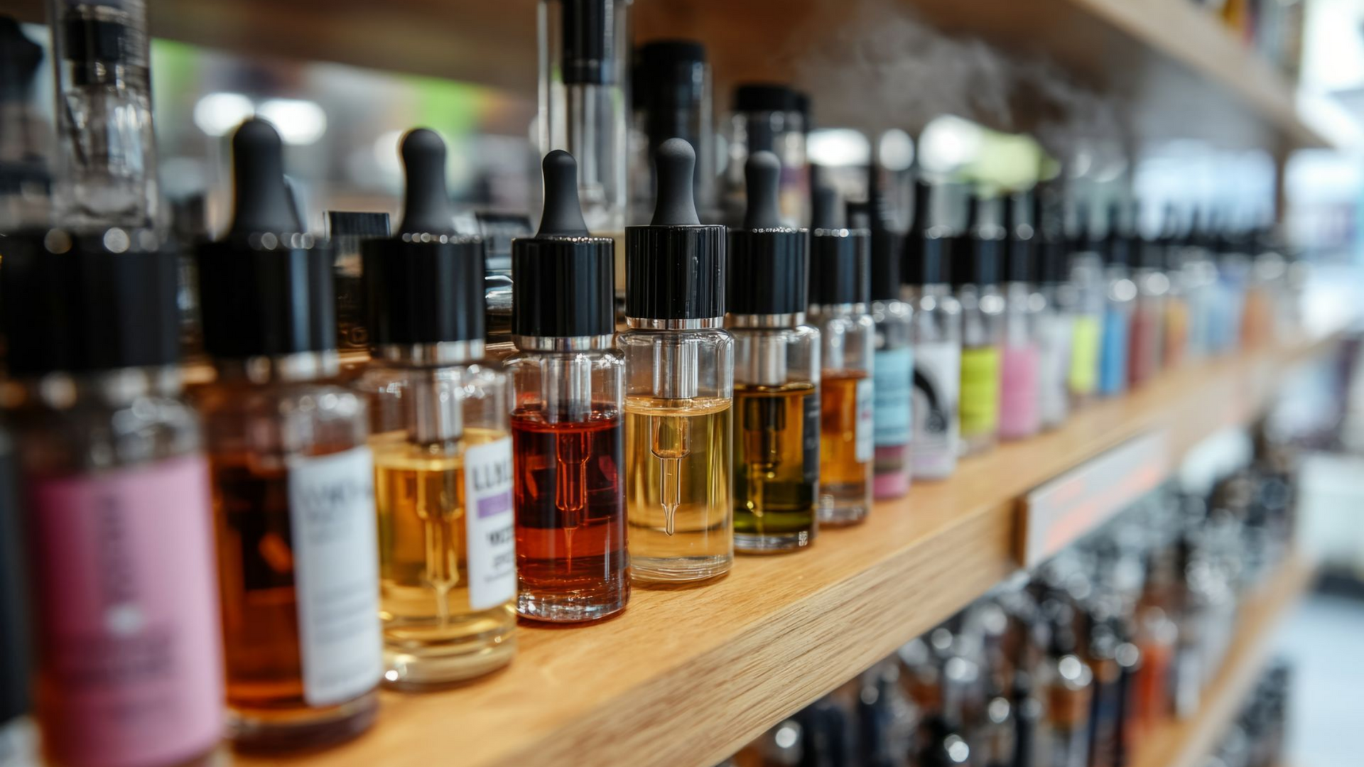 Bouteilles de e-liquide sur une étagère en bois. Différentes couleurs de liquide sont visibles à l'intérieur.