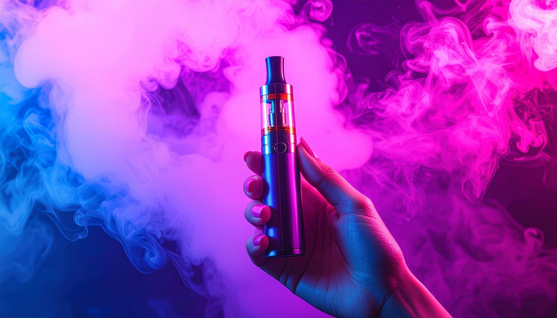 Une collection de divers stylos vape exposés sur une étagère en bois avec un arrière-plan flou de produits.