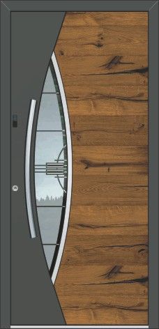 Eine Holztür mit Glasfenster und Griff.