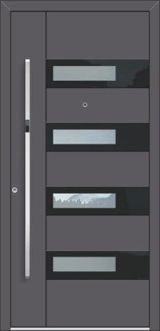 Eine graue Tür mit schwarzen Streifen und einem Griff auf weißem Hintergrund.