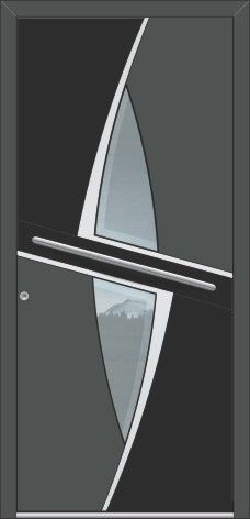 Eine schwarz-weiße Tür mit einem Glasmuster darauf.