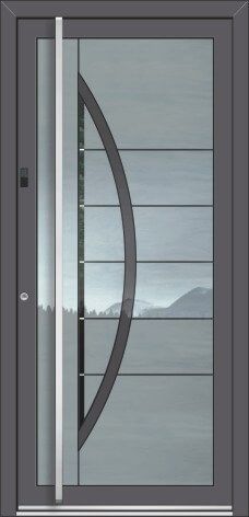 Eine graue Tür mit einem Edelstahlgriff und einer Glastür.