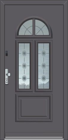 Eine graue Tür mit zwei Fenstern und einem Griff auf weißem Hintergrund.