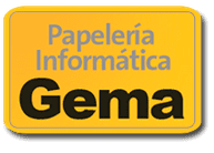 Yellow sign with "Papelería Informática Gema" in gray and black text.