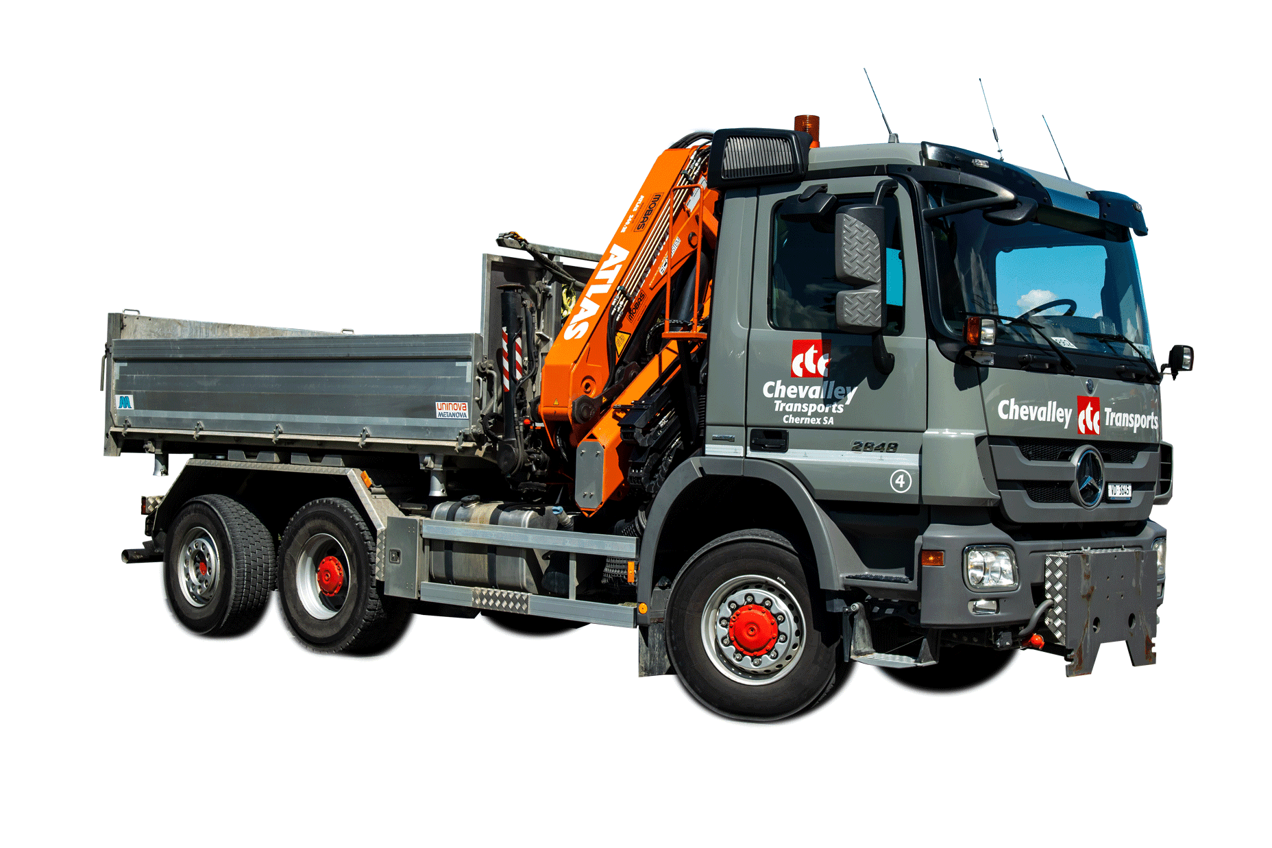 Camion 3 essieux basculant 3 côtés + grue (24 TM, portée 13 m) - Chevalley Transports Chernex SA