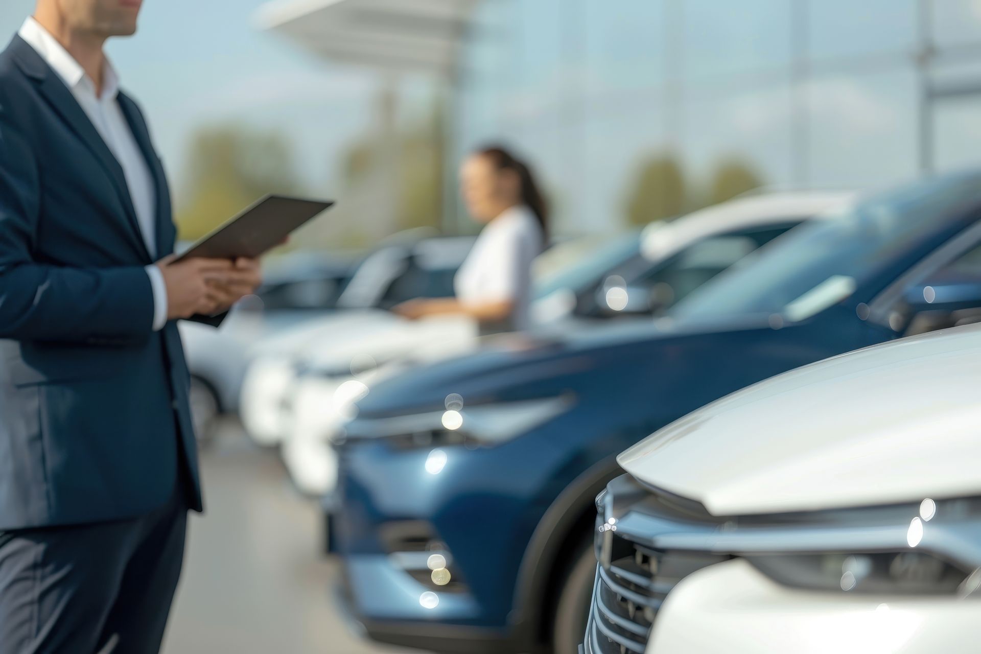 Vendeur avec une tablette devant des véhicules