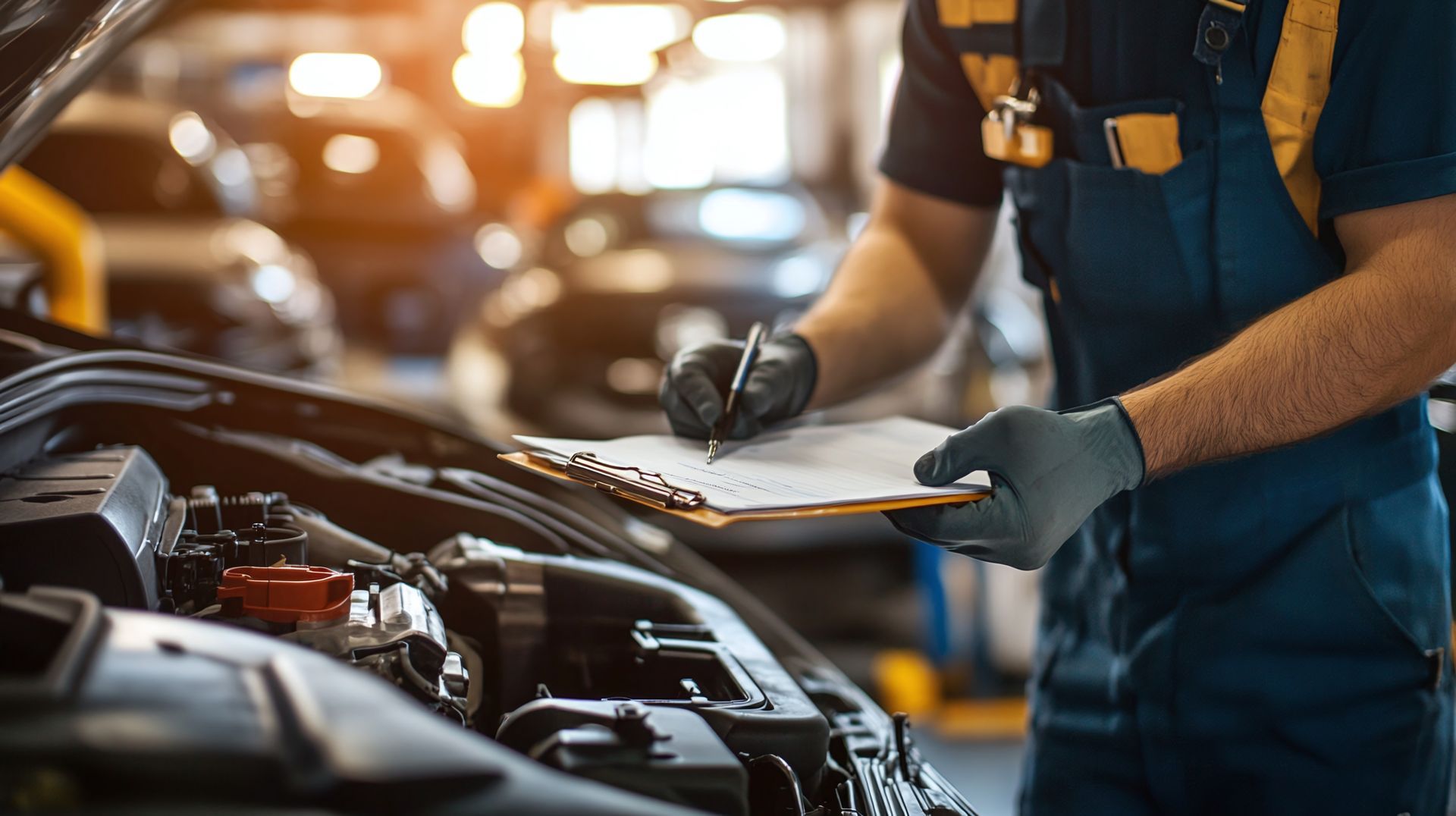Mécanicien qui inspecte un moteur et prend des notes