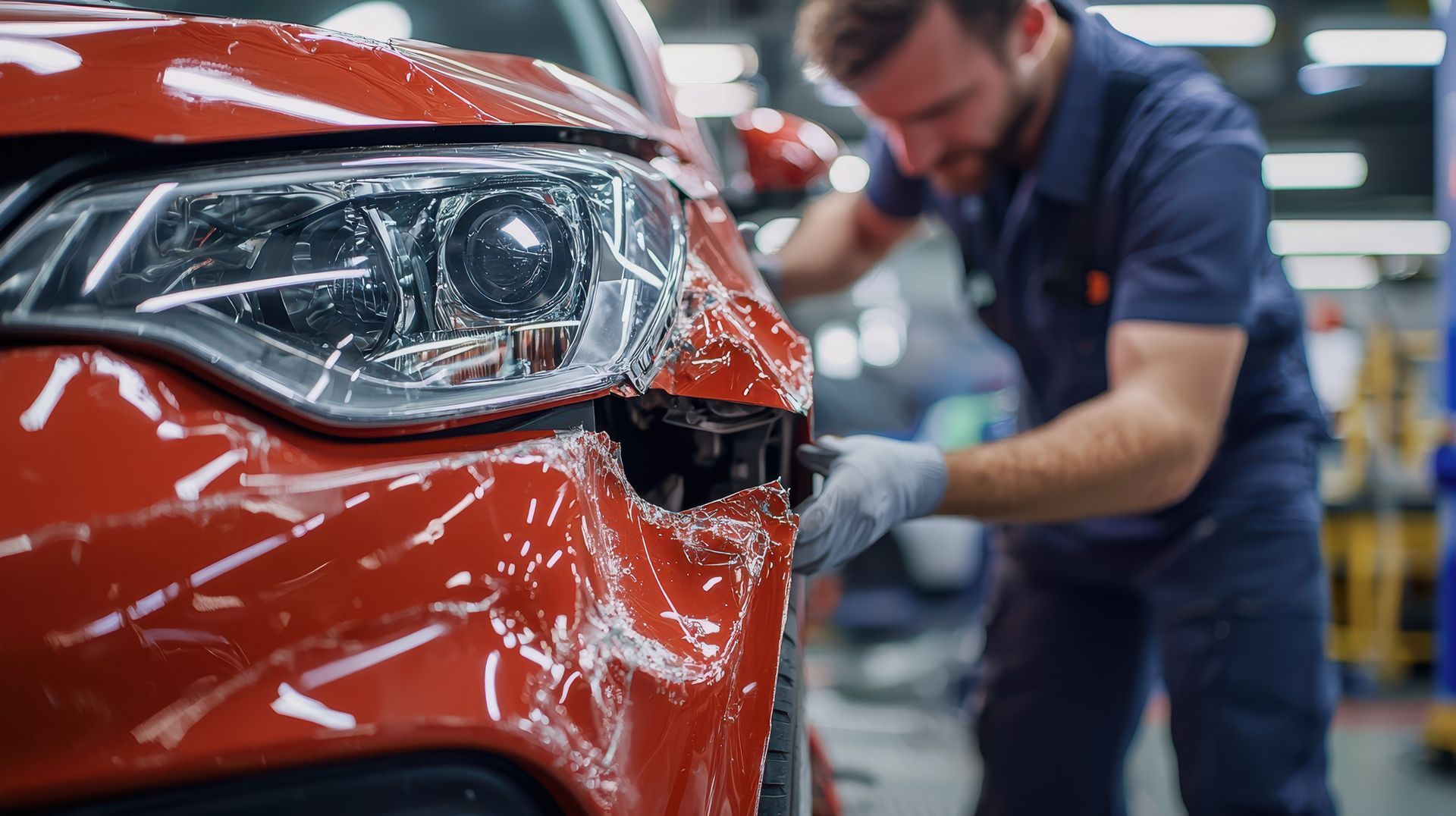Carrossier qui redresse une aile de voiture