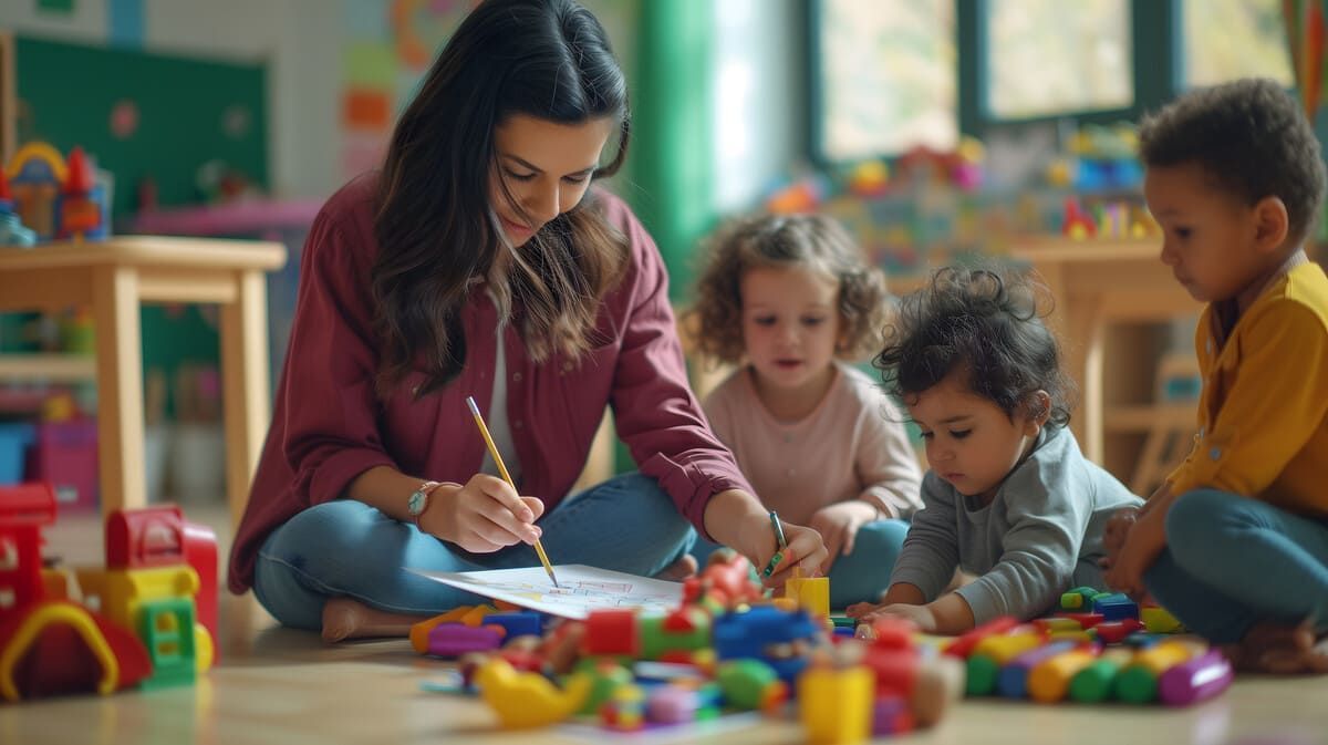 Maestra y niños jugando con bloques y dibujando en el suelo en un aula colorida.