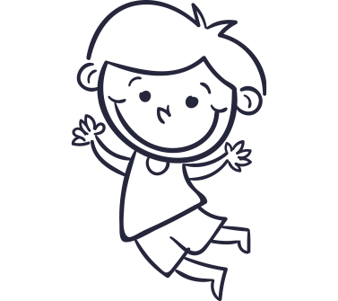 Niño de dibujos animados feliz saltando en el aire, con los brazos levantados, sonriendo.