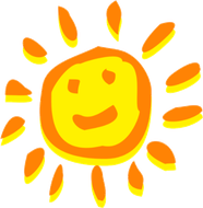 Sol de dibujos animados sonriente con rayos amarillos y naranjas.