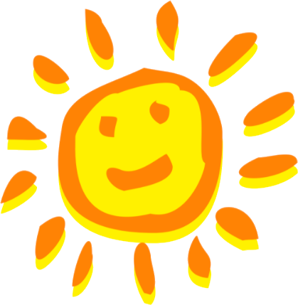 Sol de dibujos animados sonriente con rayos amarillos y naranjas.
