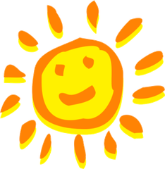 Sol de dibujos animados sonriente con rayos amarillos y naranjas.