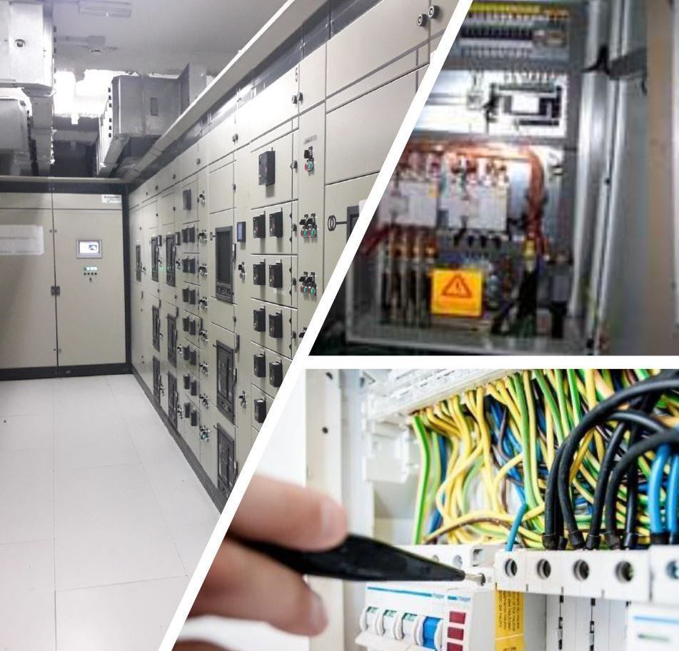 Cuarto eléctrico con paneles de distribución, componentes de cableado interior y una mano utilizando una herramienta en un interruptor automático.
