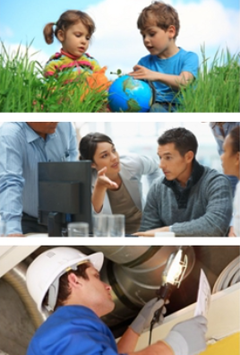 Un collage que muestra a niños mirando un globo terráqueo, personas en una reunión de negocios y un trabajador revisando un equipo.