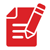 Icône rouge représentant un document ligné, avec un crayon qui écrit dessus.