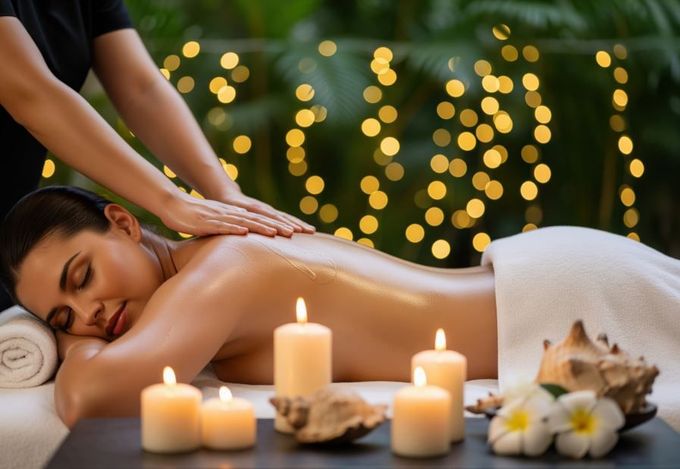 Mujer recibiendo un masaje de espalda en un spa, rodeada de velas y flores.