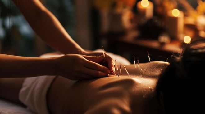 Una persona recibe acupuntura en la espalda; agujas insertadas con la mano.