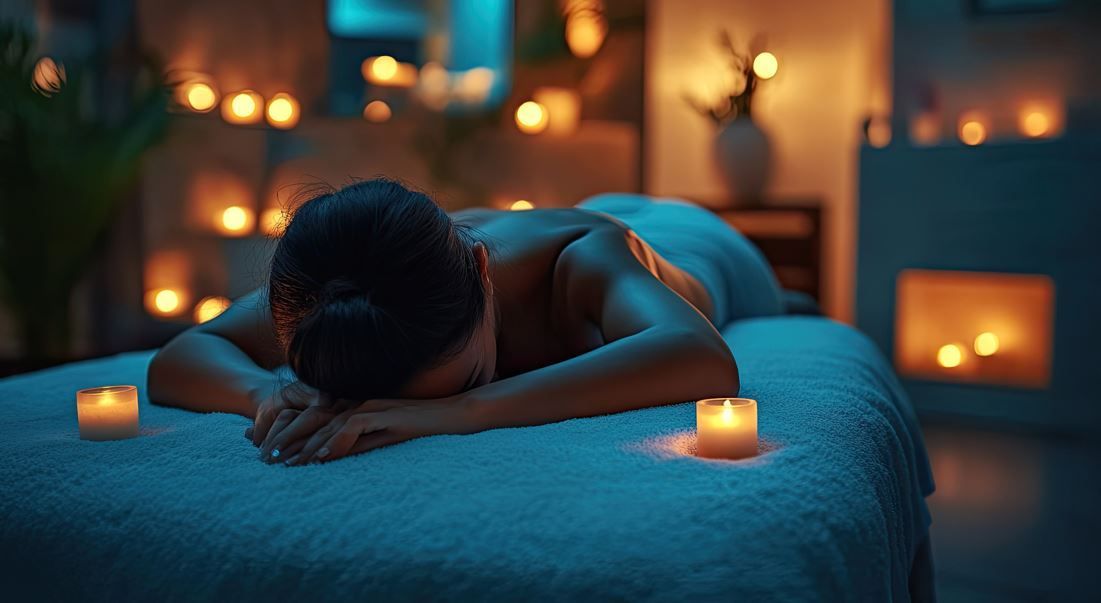 Mujer acostada boca abajo en una mesa de masajes, iluminada por velas, en un ambiente relajado.