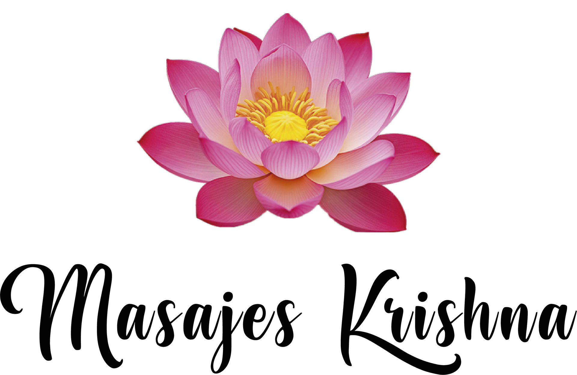 Flor de loto rosa sobre el texto "Masajes Krishna".