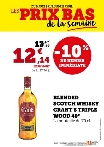 Moins de 10% de remise immédiate sur le Blended scotch whisky grant's triple wood 40°, la bouteille de 70 cl. Soit 12,14 € le produit.