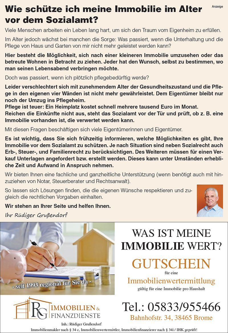 Flyer about protecting real estate in old age, with a photo of a person writing and a coupon.