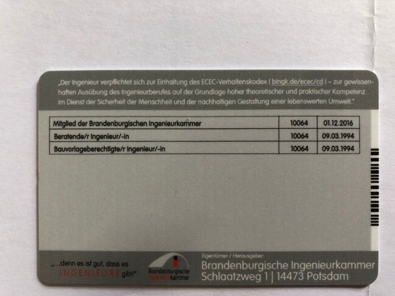 Nachweisblatt über Qualifikationen und Mitgliedschaften der Brandenburgischen Ingenieurkammer.