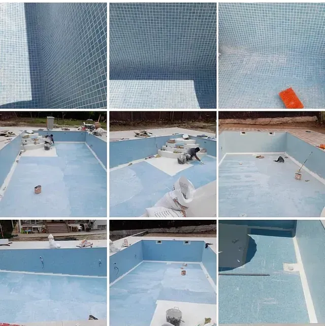 Un collage de fotos de una piscina en construcción.