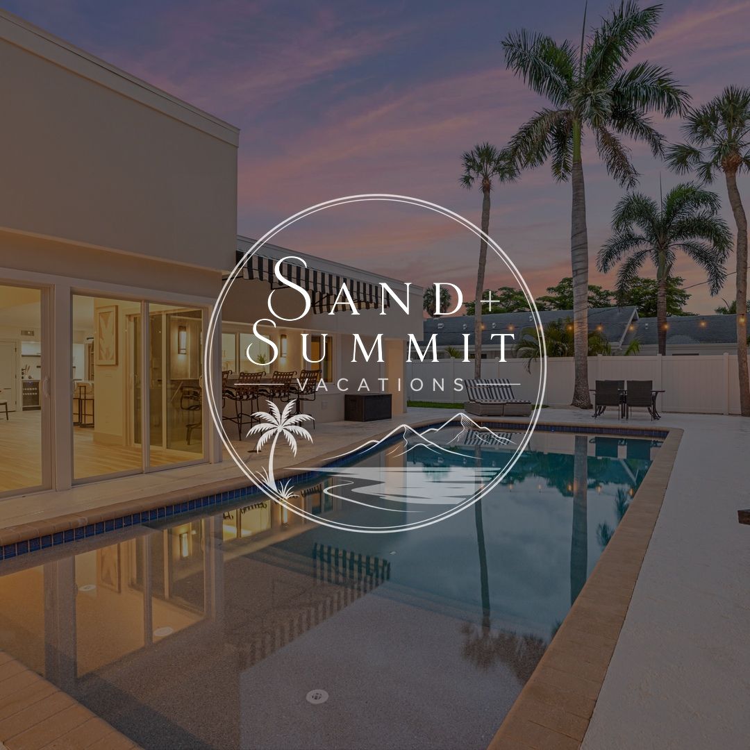 Sand & Summit Vacations logo over a sunset poolside resort with palm trees and lounge chairs