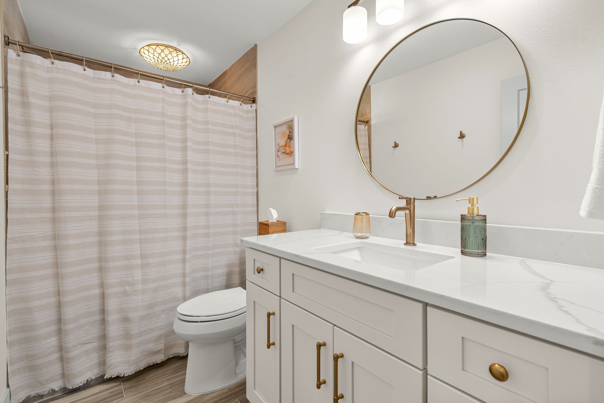Bright bathroom with white vanity, round mirror, and shower curtain