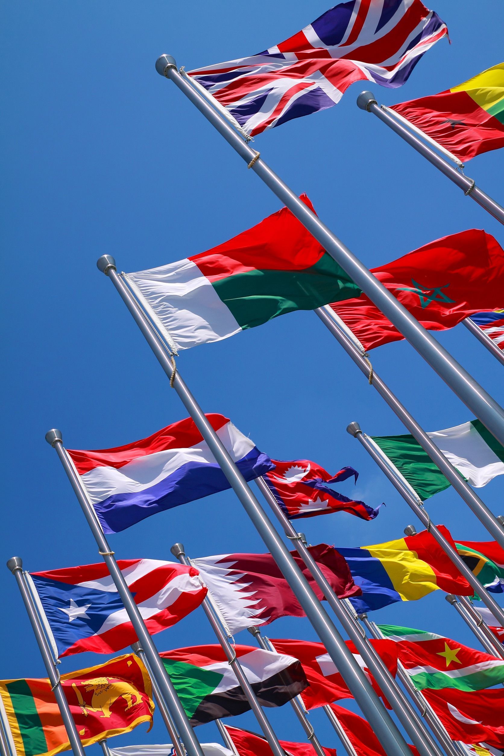 Banderas de varias naciones ondeando contra un cielo azul brillante.