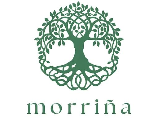 Logotipo de árbol verde con raíces y ramas entrelazadas, encima de la palabra "morriña".