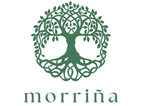 Logotipo de árbol verde con raíces y ramas entrelazadas, encima de la palabra "morriña".