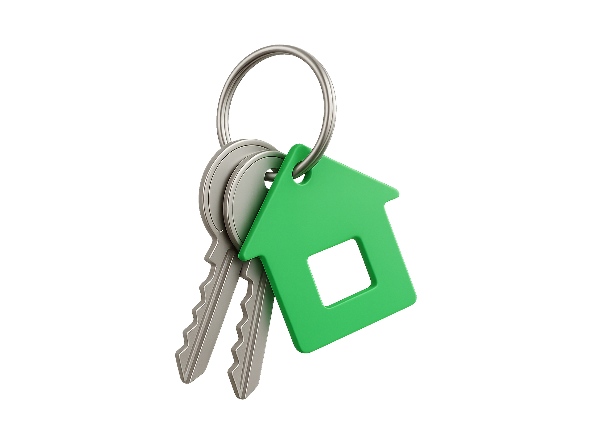 Clés sur un anneau avec un porte-clés en forme de maison verte.