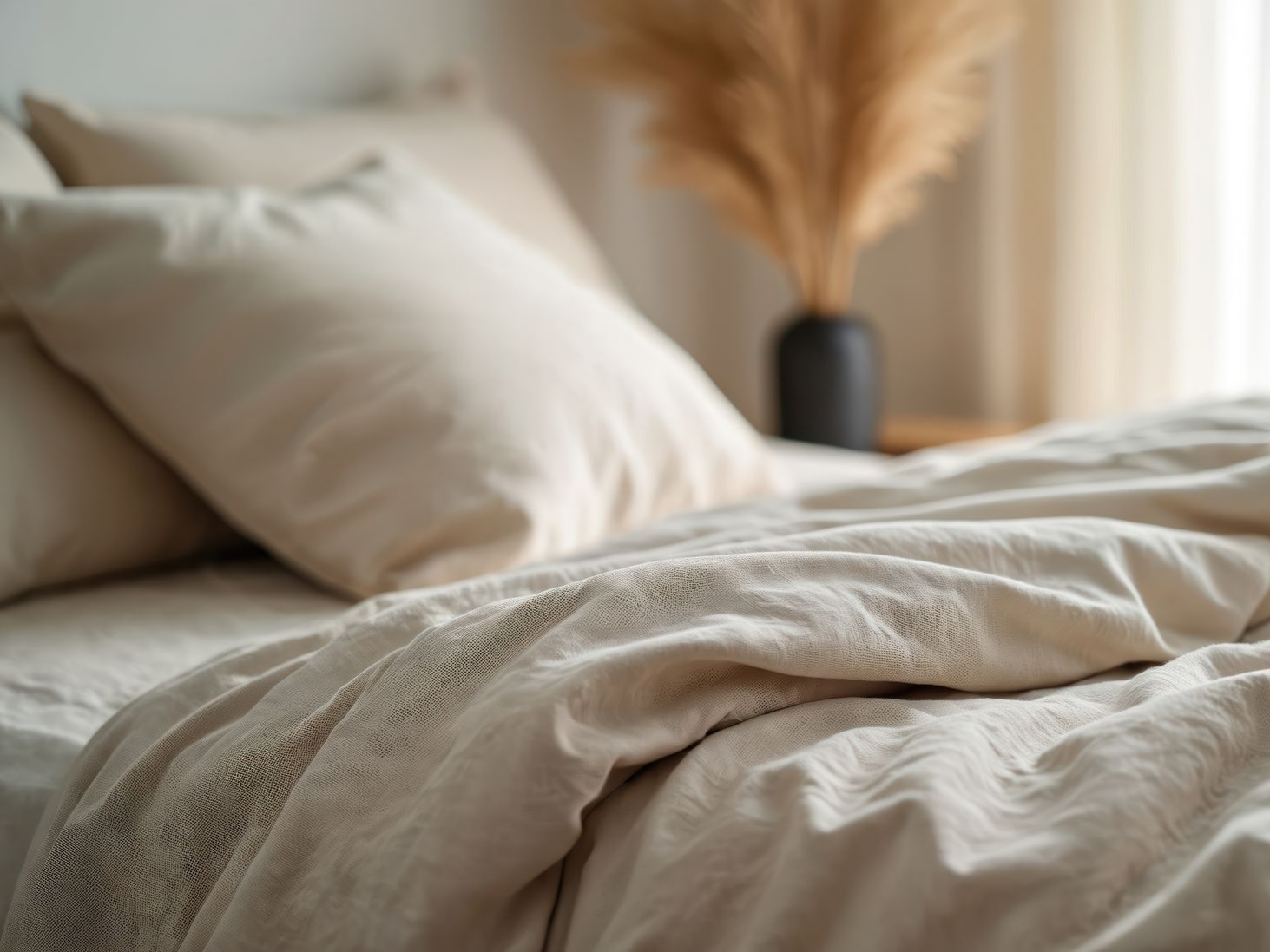 Linge de lit beige avec oreillers et un vase de fleurs séchées.