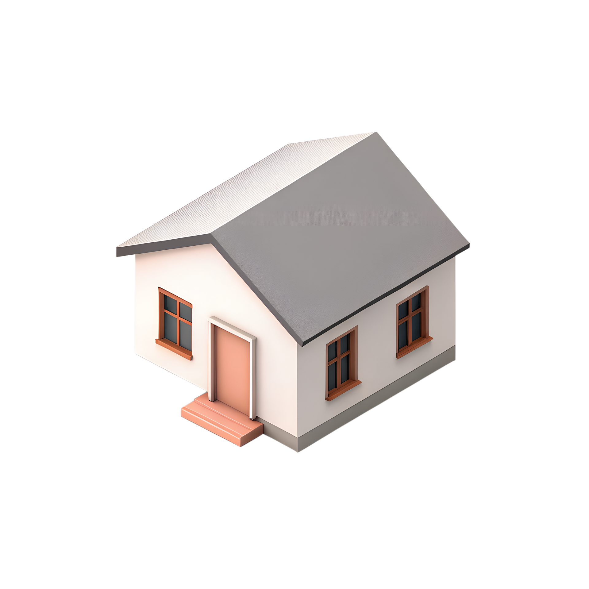 Une petite maison blanche avec un toit gris et des boiseries marron.