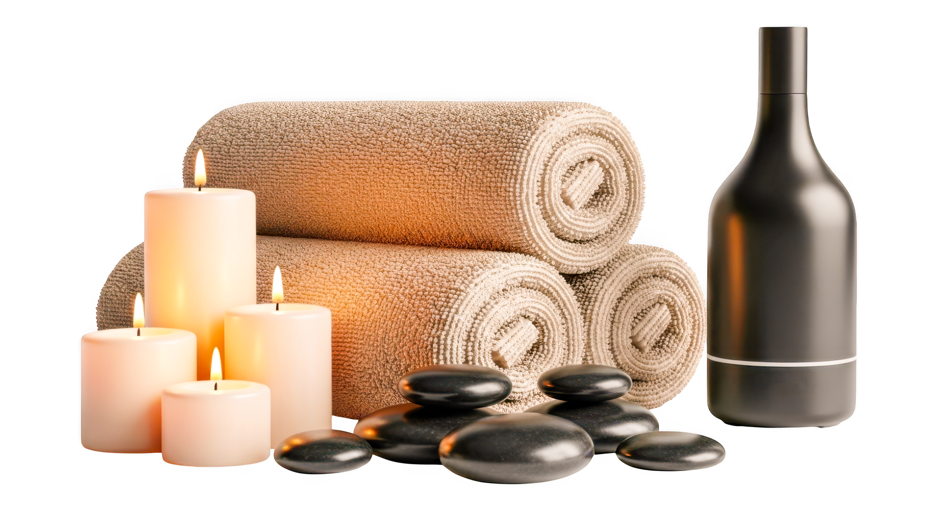 Installation spa : serviettes roulées, bougies allumées, pierres noires et une bouteille sombre.