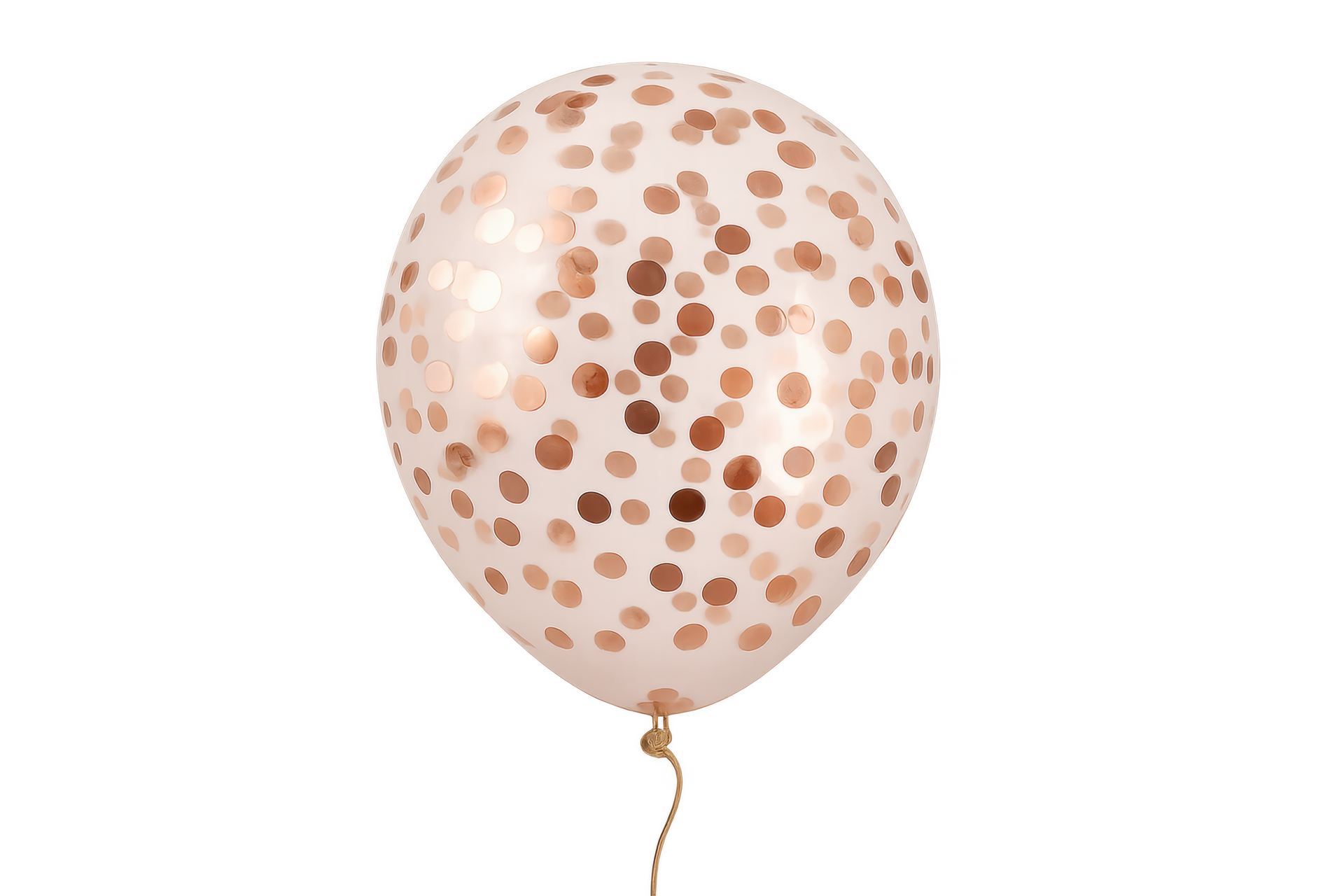 Ballon transparent rempli de confettis couleur cuivre, attaché par une ficelle dorée.