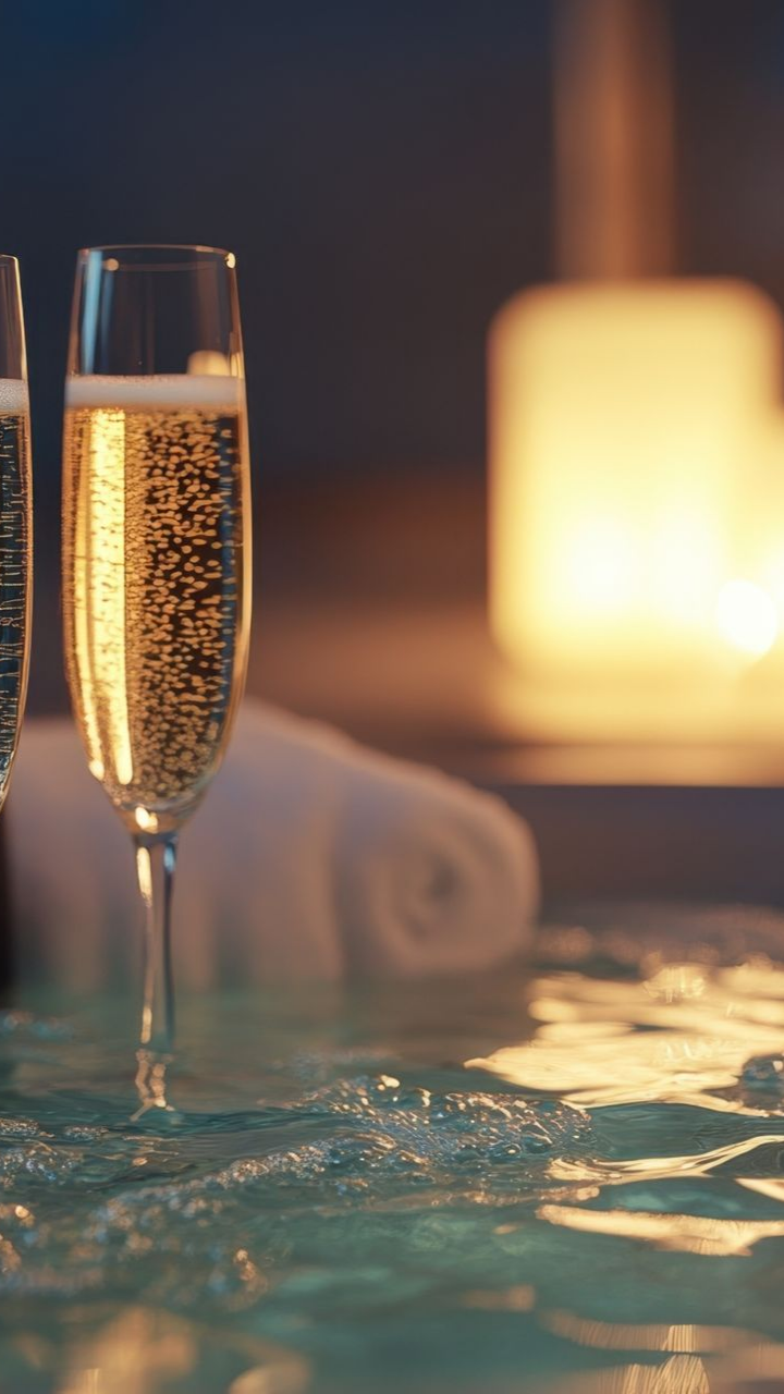 Deux flûtes de champagne dans un jacuzzi avec de l'eau bouillonnante, une serviette et une lumière chaude en arrière-plan.