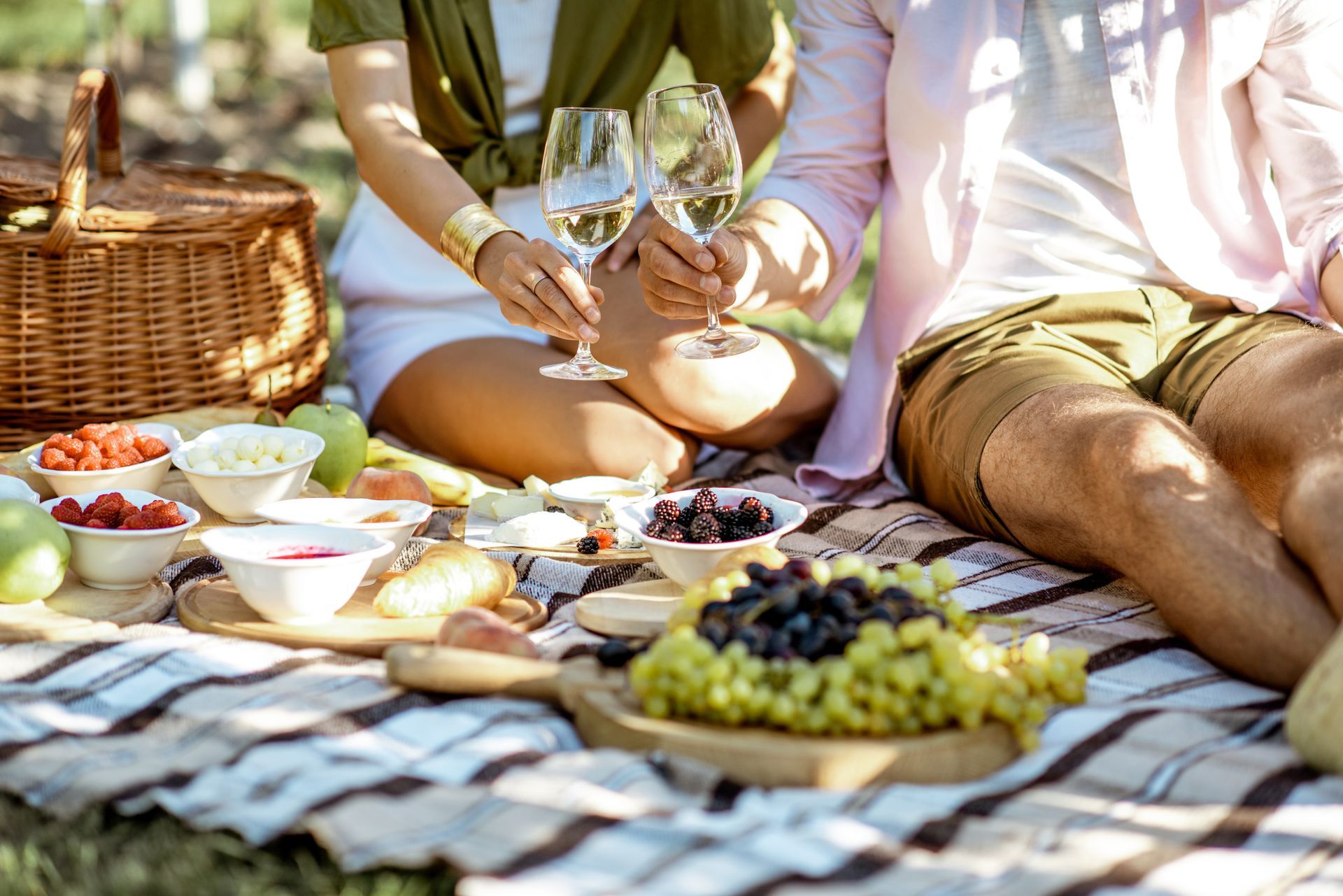 Un couple trinque avec des verres de vin lors d'un pique-nique sur une couverture à carreaux, au milieu d'un buffet ensoleillé.
