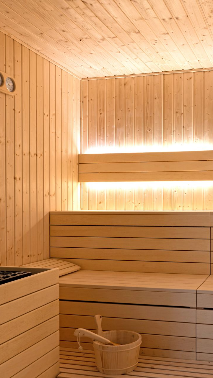 Intérieur de sauna en bois avec bancs, seau et éclairage au plafond.