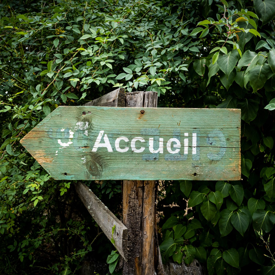 Panneau indicateur en bois vert pointant vers la gauche, avec le mot Accueil inscrit dessus.