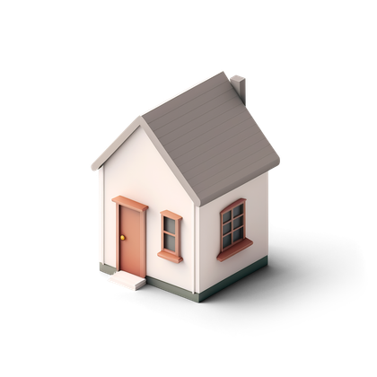 Petite maison aux murs beiges, au toit gris et aux encadrements de portes et de fenêtres roses.