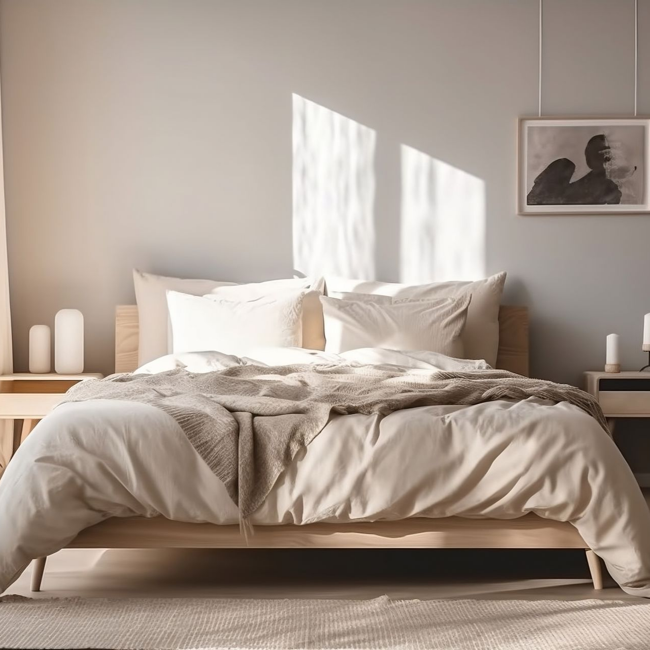 Chambre avec un cadre de lit en bois, du linge de lit beige, de la lumière naturelle, des tables de chevet avec des bougies et une œuvre d'art encadrée.