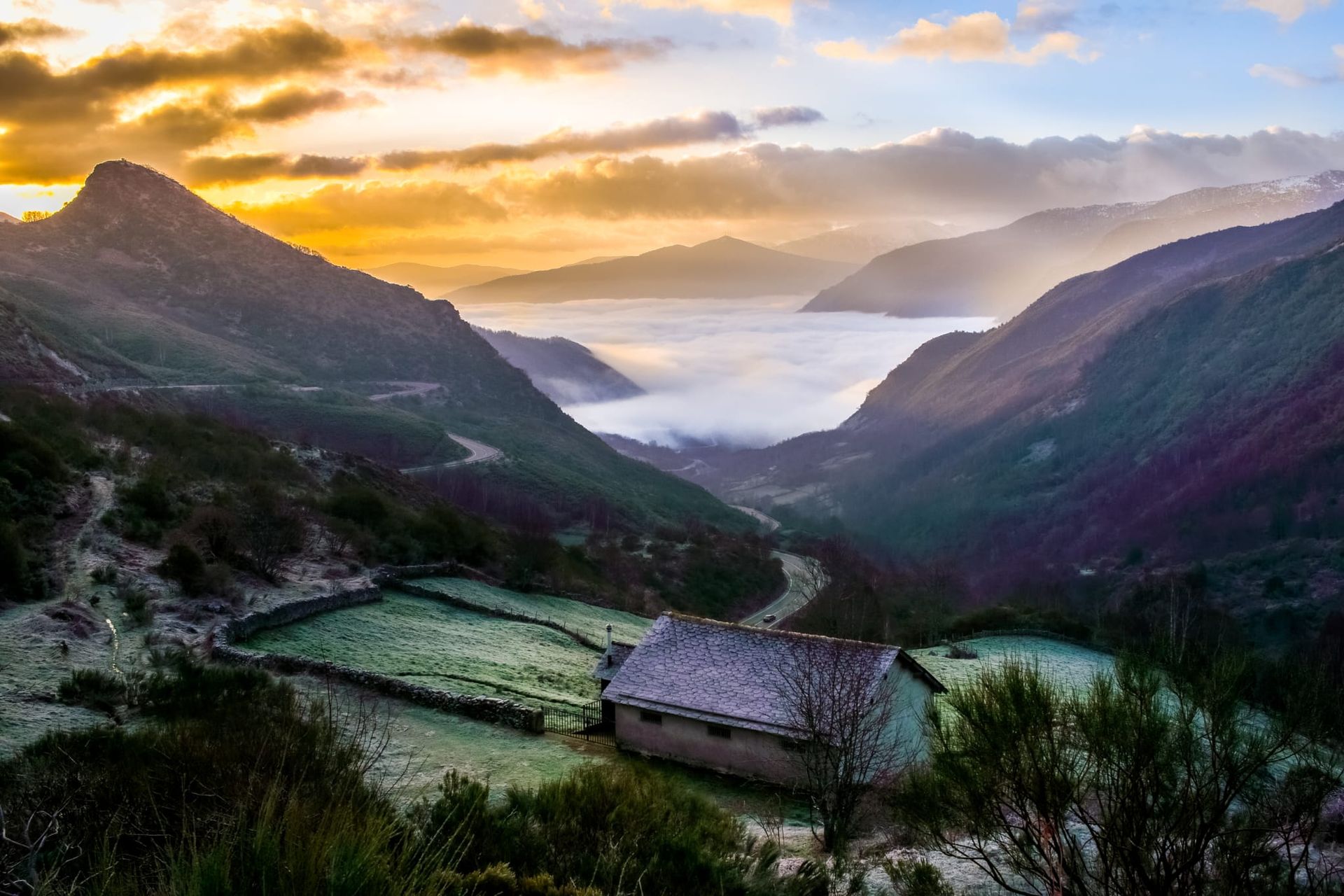 Exuberante campo verde con una montaña boscosa al fondo bajo un cielo azul nublado.