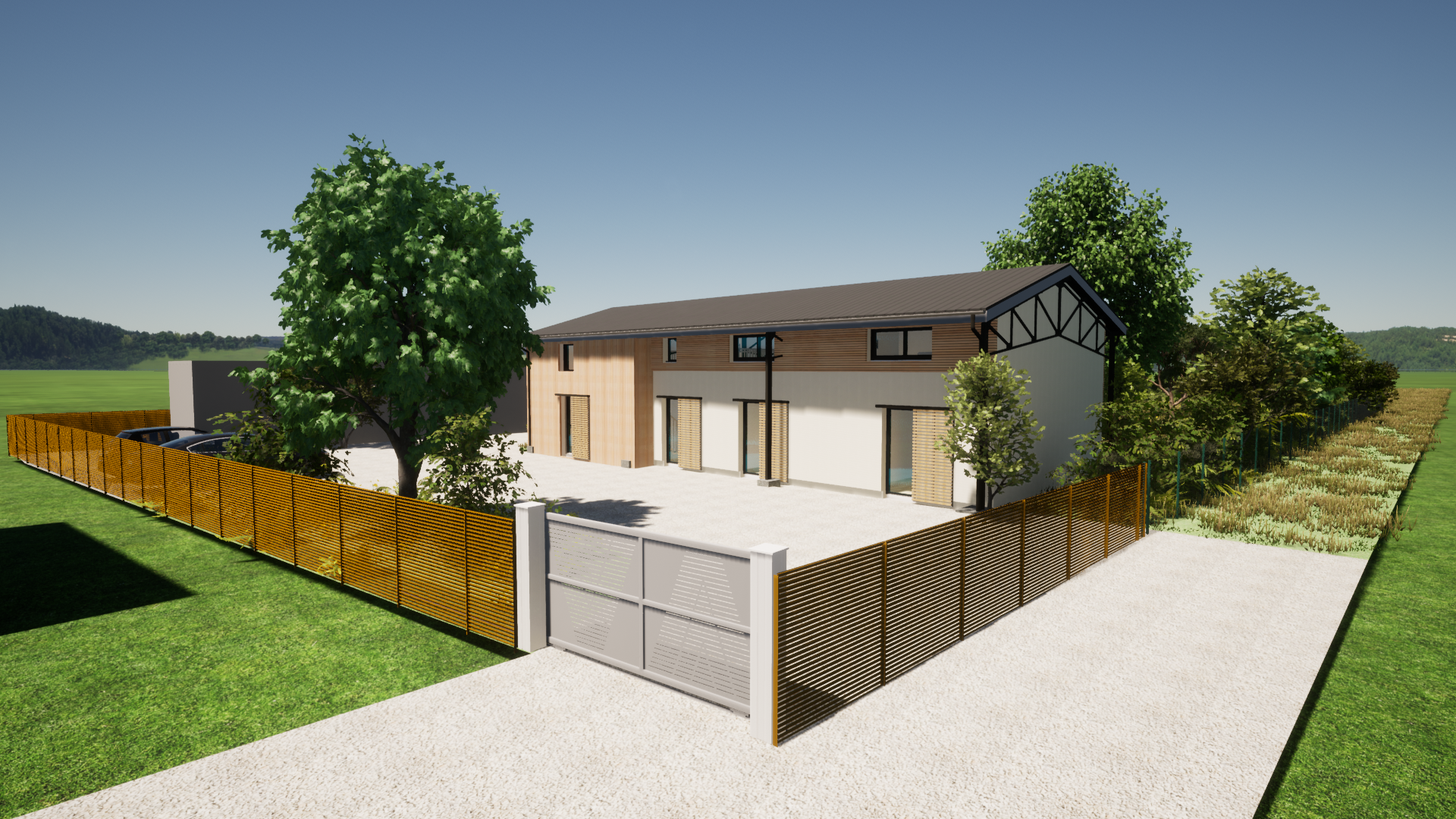 Vue 3D de l'extérieur d'une maison moderne