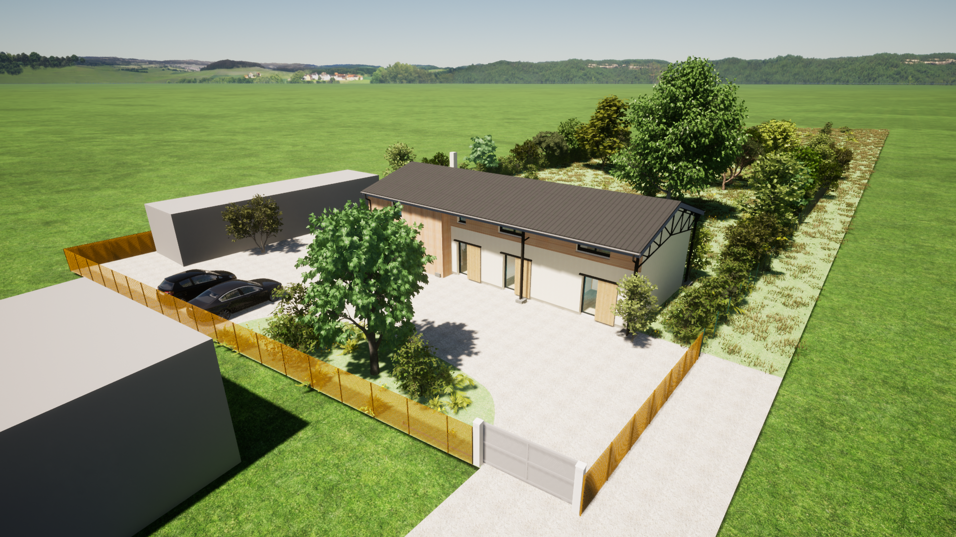 Vue 3D et aérienne d'une maison avec un terrain clôturé