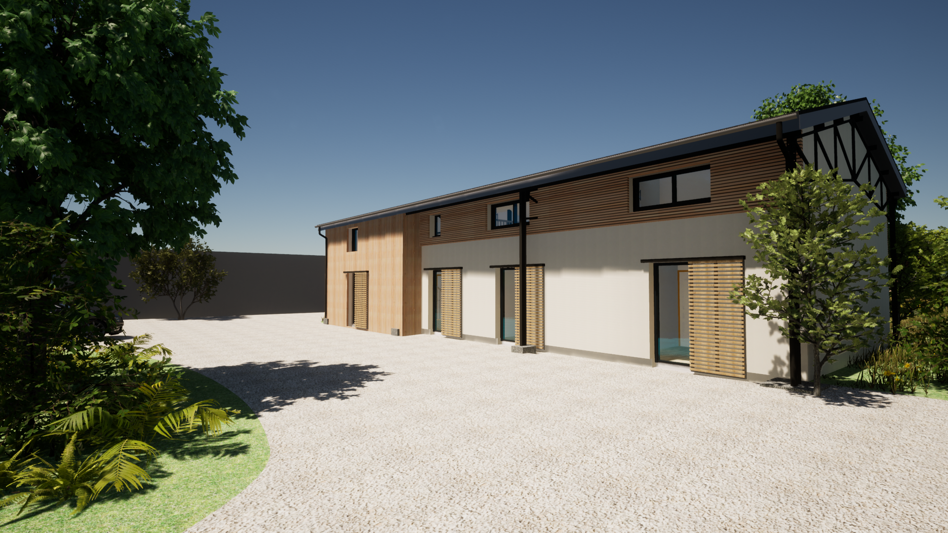 Vue 3D de la façade d'une maison en bois et en parpaings