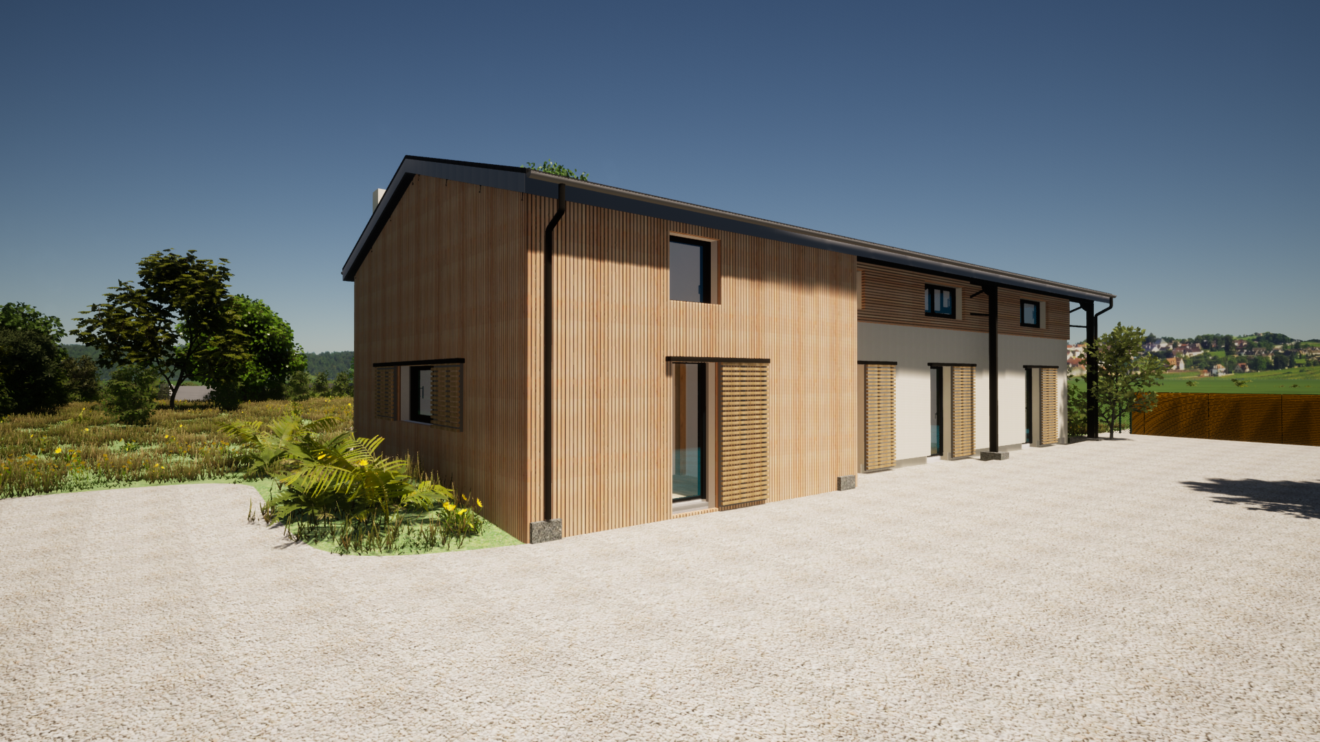 Vue 3D du côté de la maison en bois